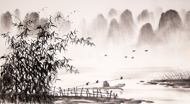 Chinese Landscape. This freehand style ("xieyi" in Chinese) painting uses an ink and wach technique. It shows a beautiful scenery of yangtae river delta with characteristic symbols like bamboos and a fisherman wearing a cloak sitting on a bamboo raft.