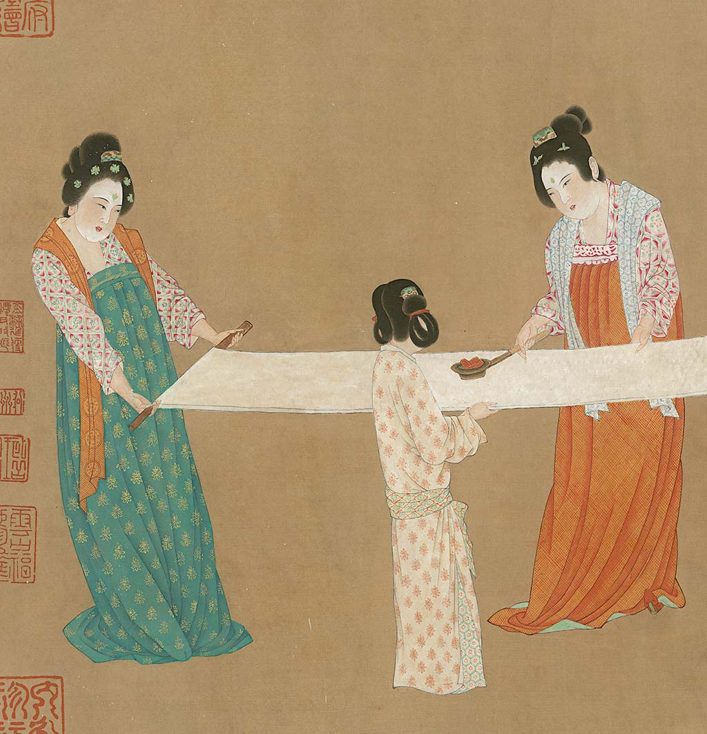 Court Ladies Preparing Newly Woven Silk - by Xuan Zhang