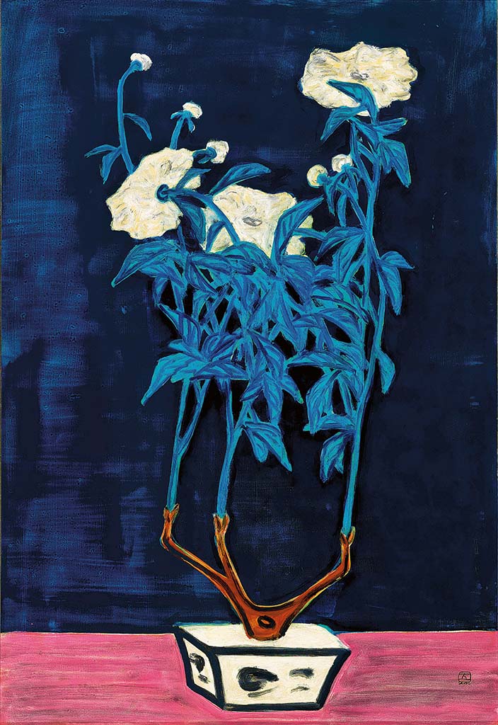 Potted Flowers in a Blue and White Jardiniere - by Sanyu