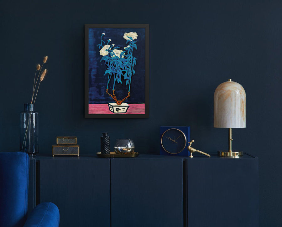 Potted Flowers in a Blue and White Jardiniere - by Sanyu