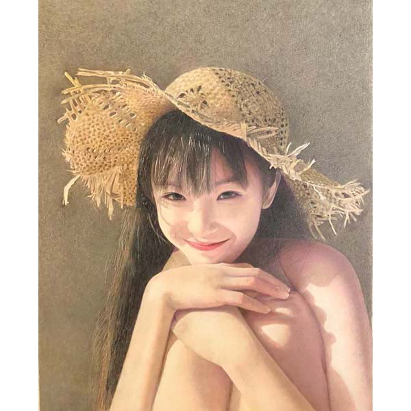 Straw hat girl figure pencil drawing original artwork