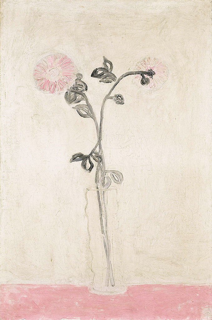 Two Pink Chrysanthemums in a Clear Vase - by Sanyu