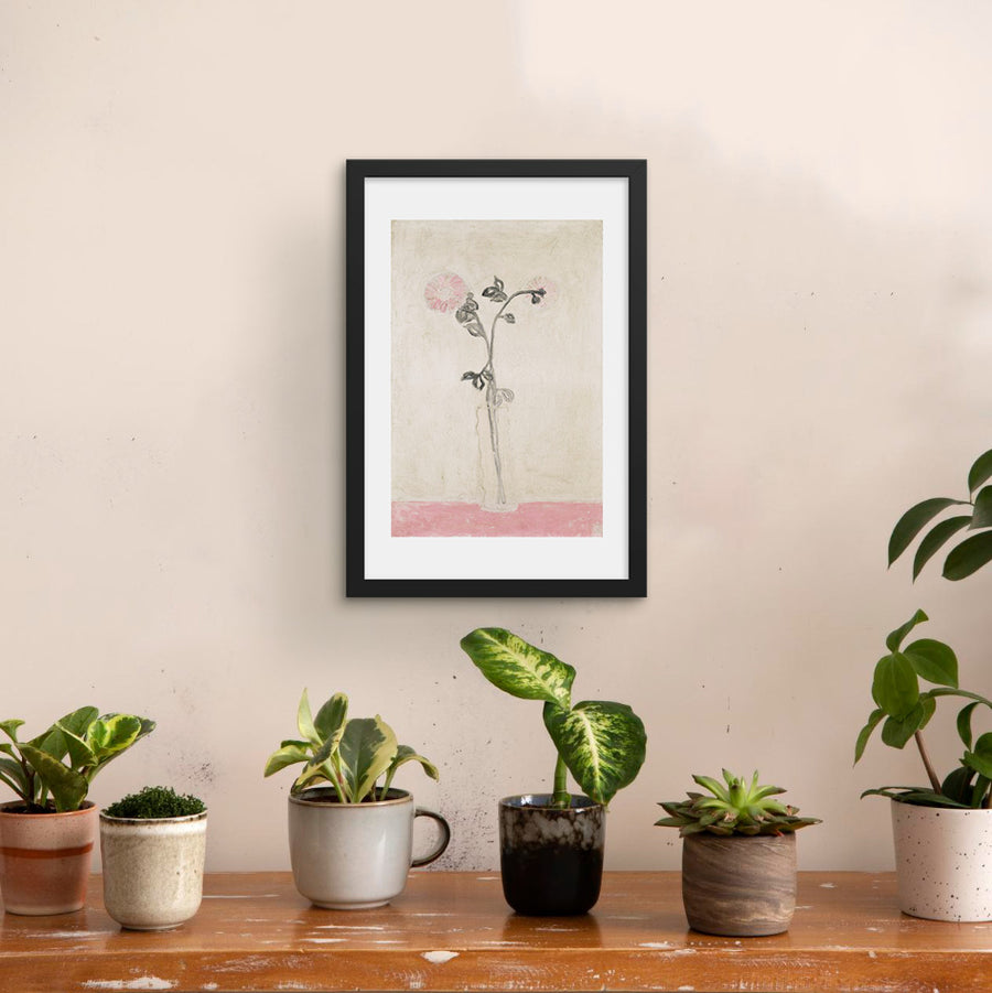 Two Pink Chrysanthemums in a Clear Vase - by Sanyu