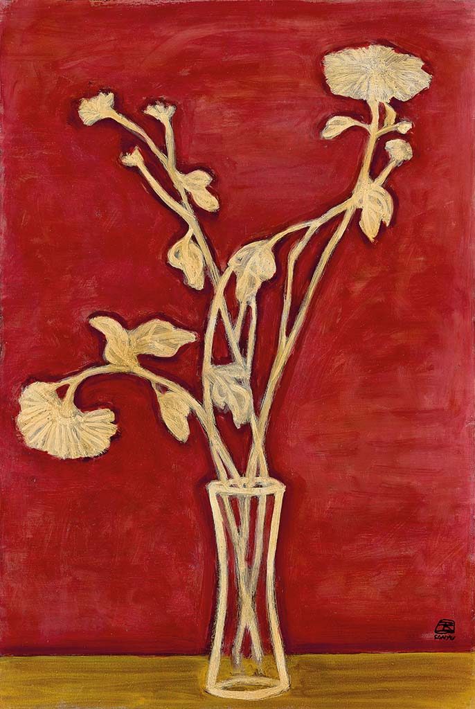 Vase of Chrysanthemums on a Yellow Table - by Sanyu